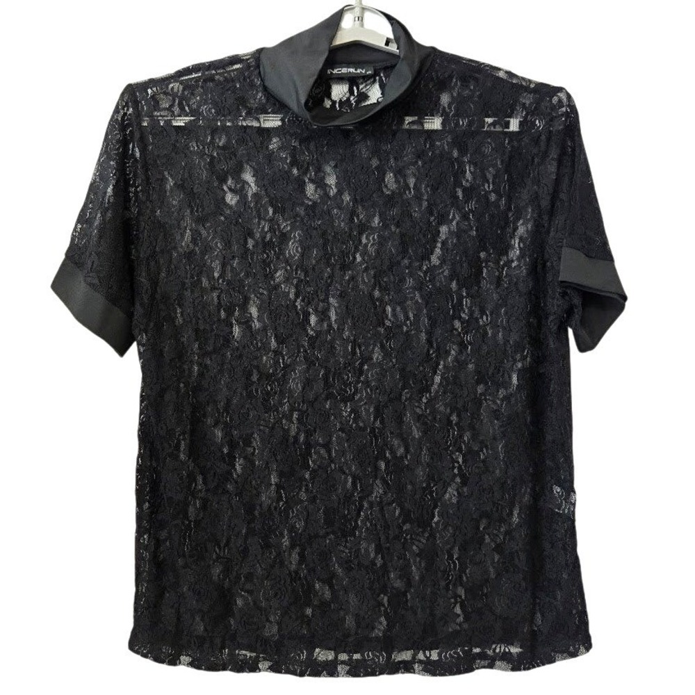 INCERUN Women's Black Floral Lace Mock‎ Neck Short Sleeve Shirt 3XL Goth - Picture 2 of 6